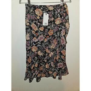 DR2 Skirt by Daniel Rain-Black with brown/rust flowers, ruffle trim, Size S -NWT